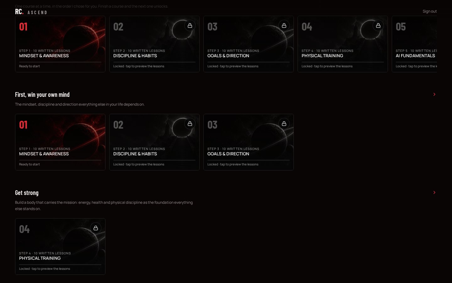 Course sections inside the ASCAEND portal with progress bars